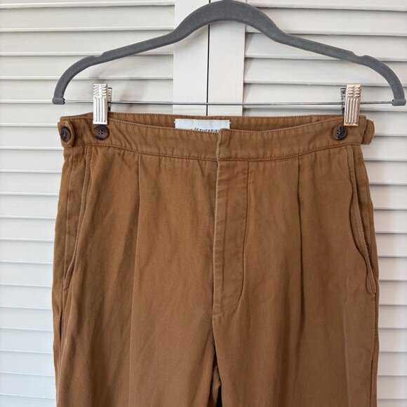 King & Tuckfield men's Tan Tab trousers 29 linen cotton toffee pleated *flaws* - Picture 5 of 13